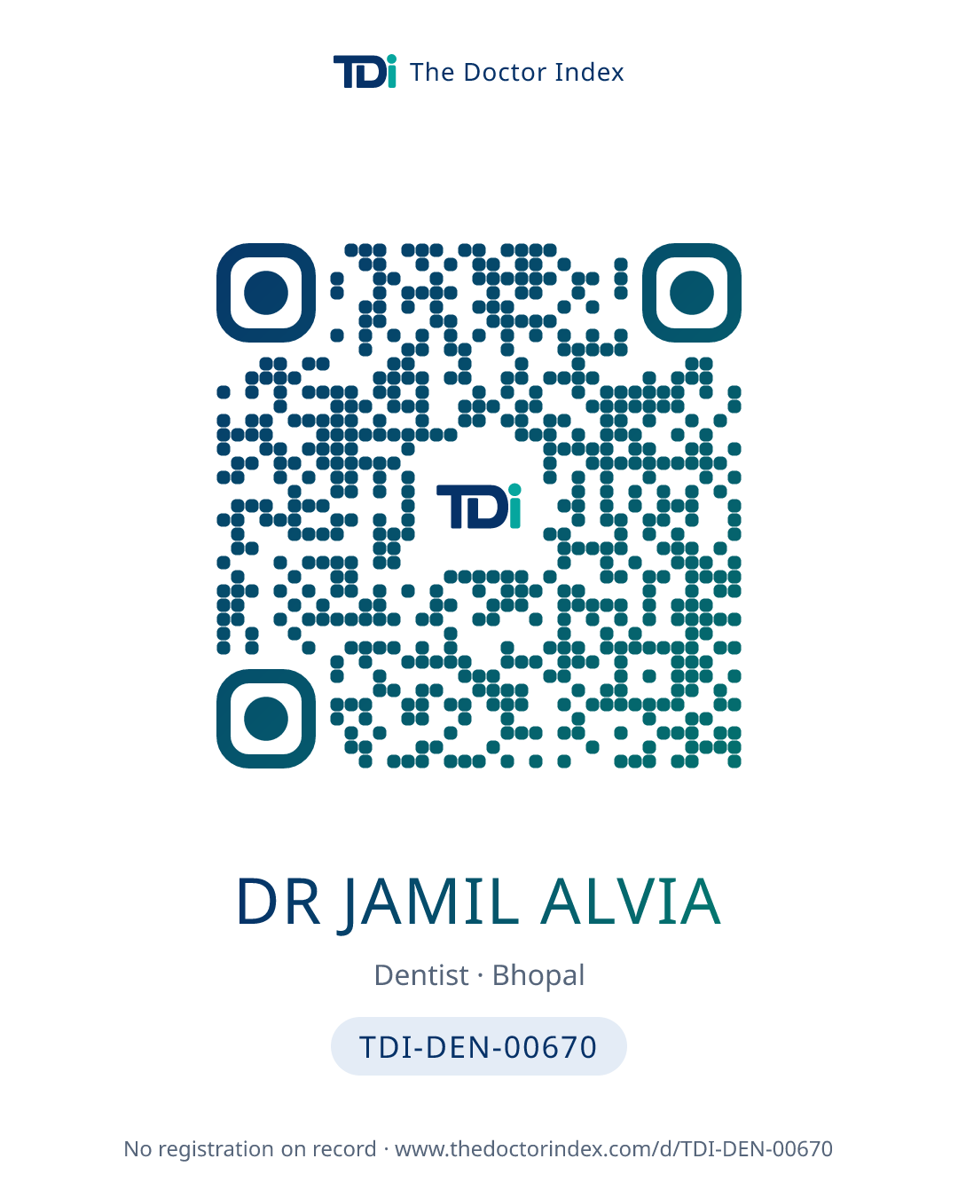 QR card for Dr Jamil Alvia, TDI-DEN-00670