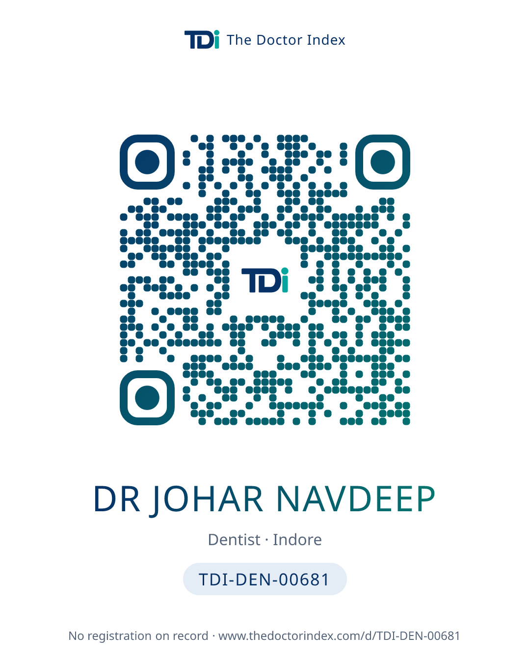 QR card for Dr Johar Navdeep, TDI-DEN-00681