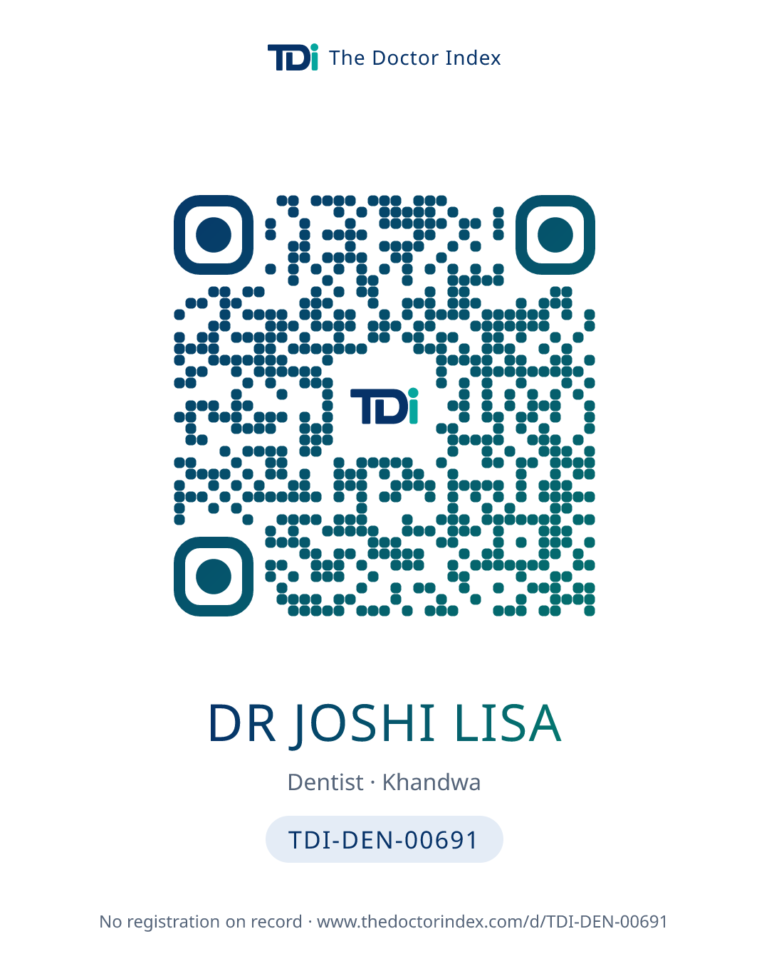 QR card for Dr Joshi Lisa, TDI-DEN-00691