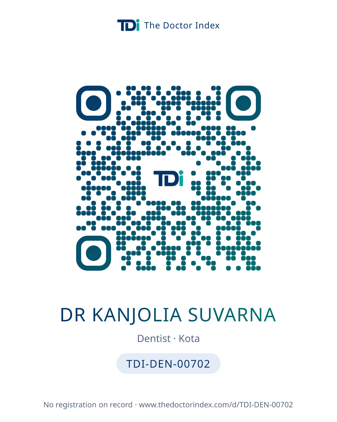 QR card for Dr Kanjolia Suvarna, TDI-DEN-00702