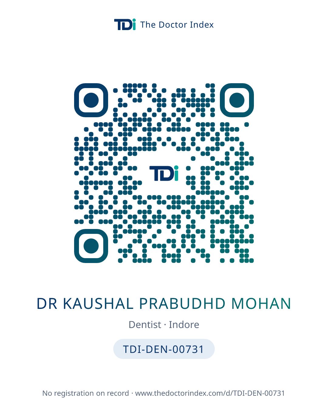 QR card for Dr Kaushal Prabudhd Mohan, TDI-DEN-00731