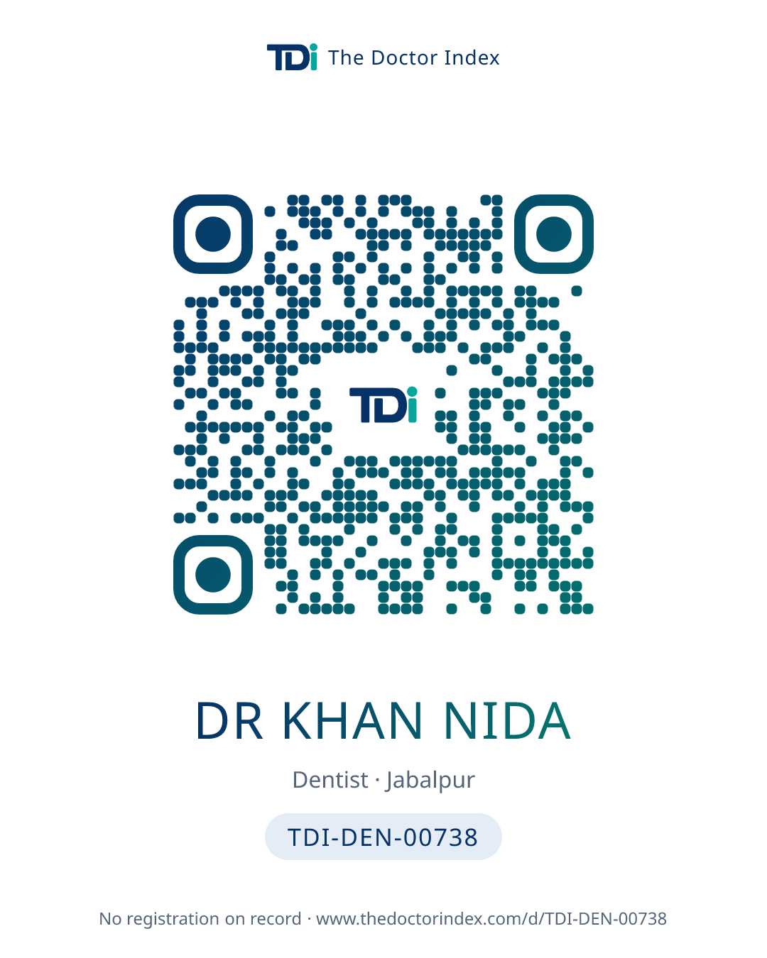 QR card for Dr Khan Nida, TDI-DEN-00738