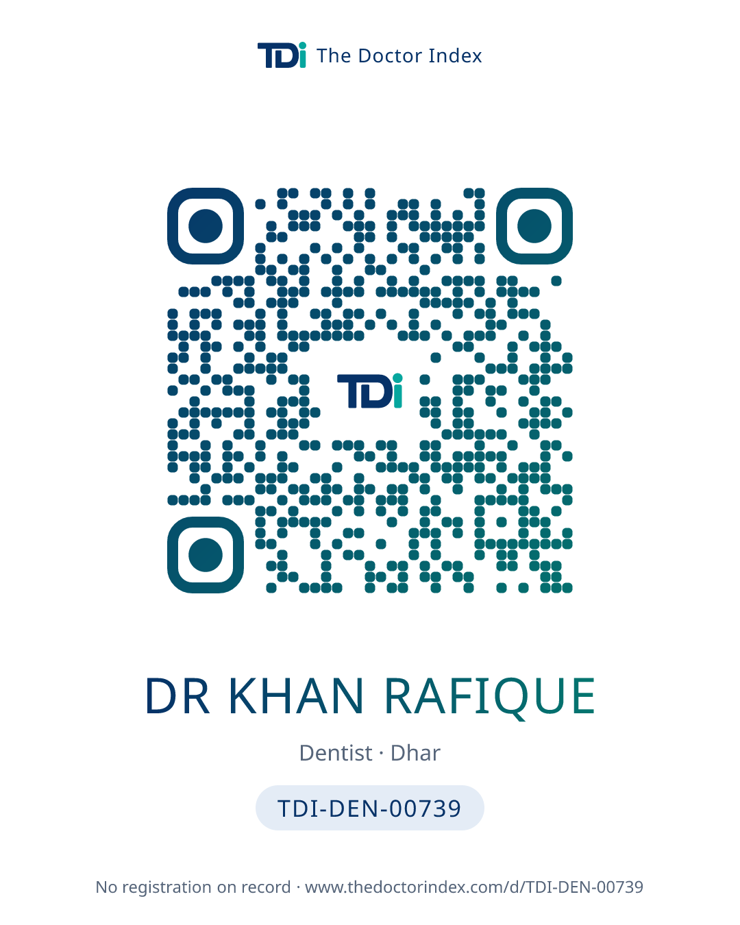 QR card for Dr Khan Rafique, TDI-DEN-00739
