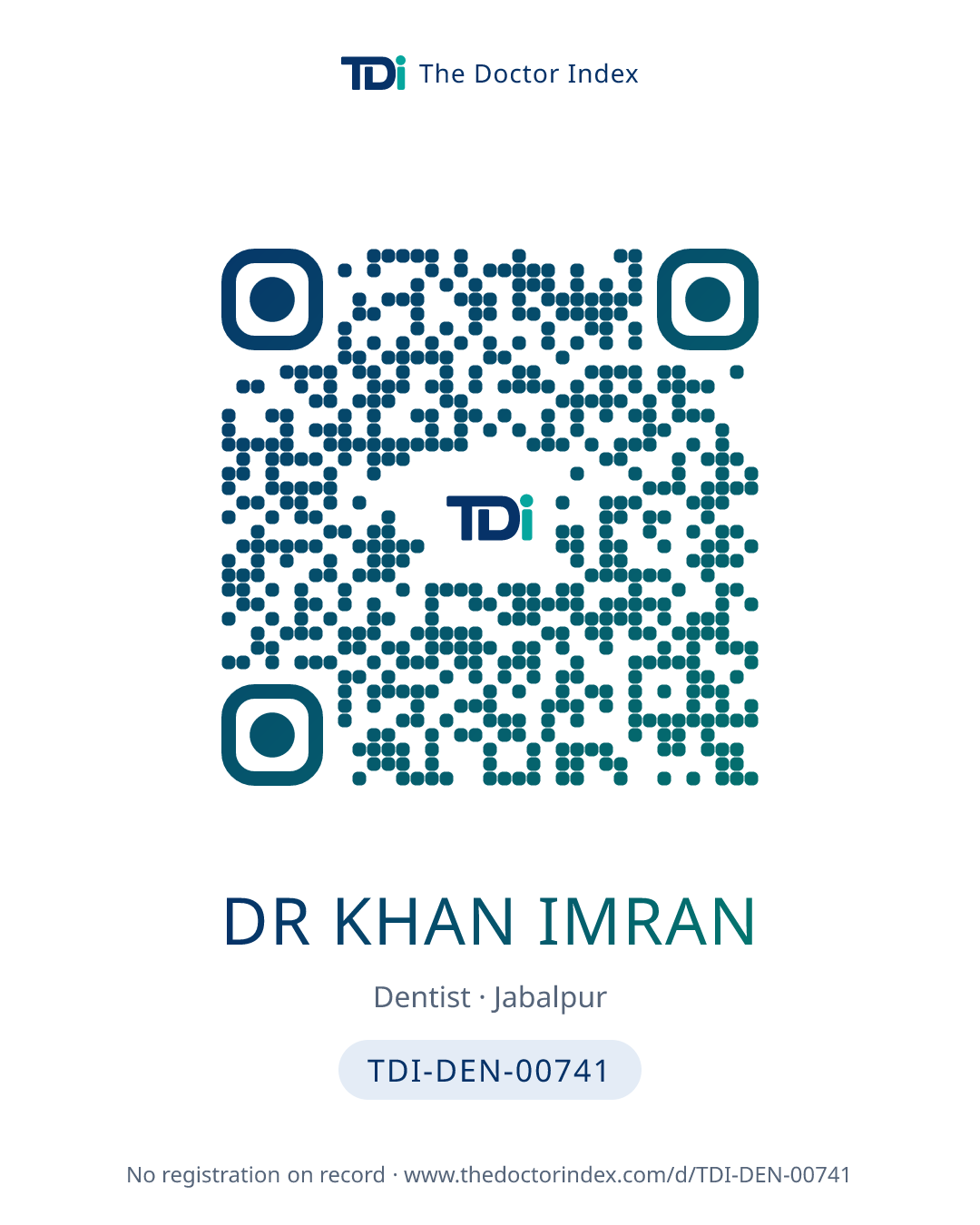 QR card for Dr Khan Imran, TDI-DEN-00741