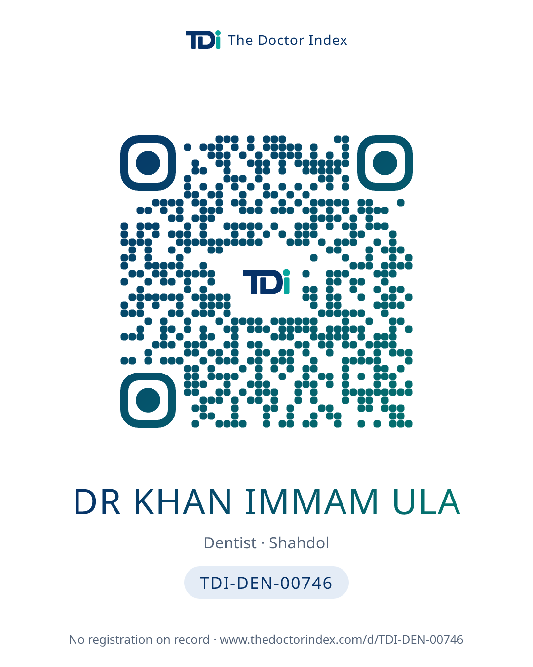 QR card for Dr Khan Immam Ula, TDI-DEN-00746