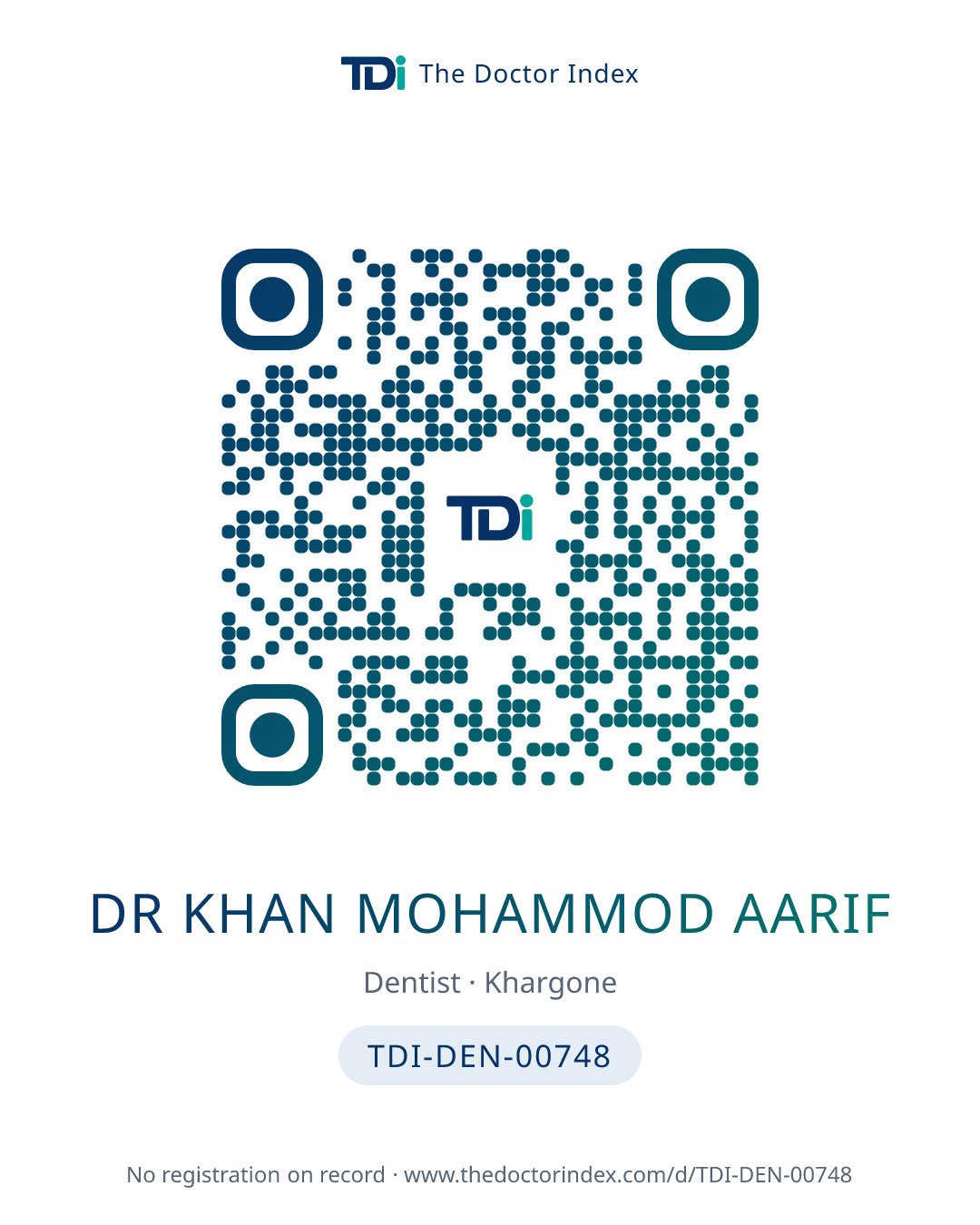 QR card for Dr Khan Mohammod Aarif, TDI-DEN-00748