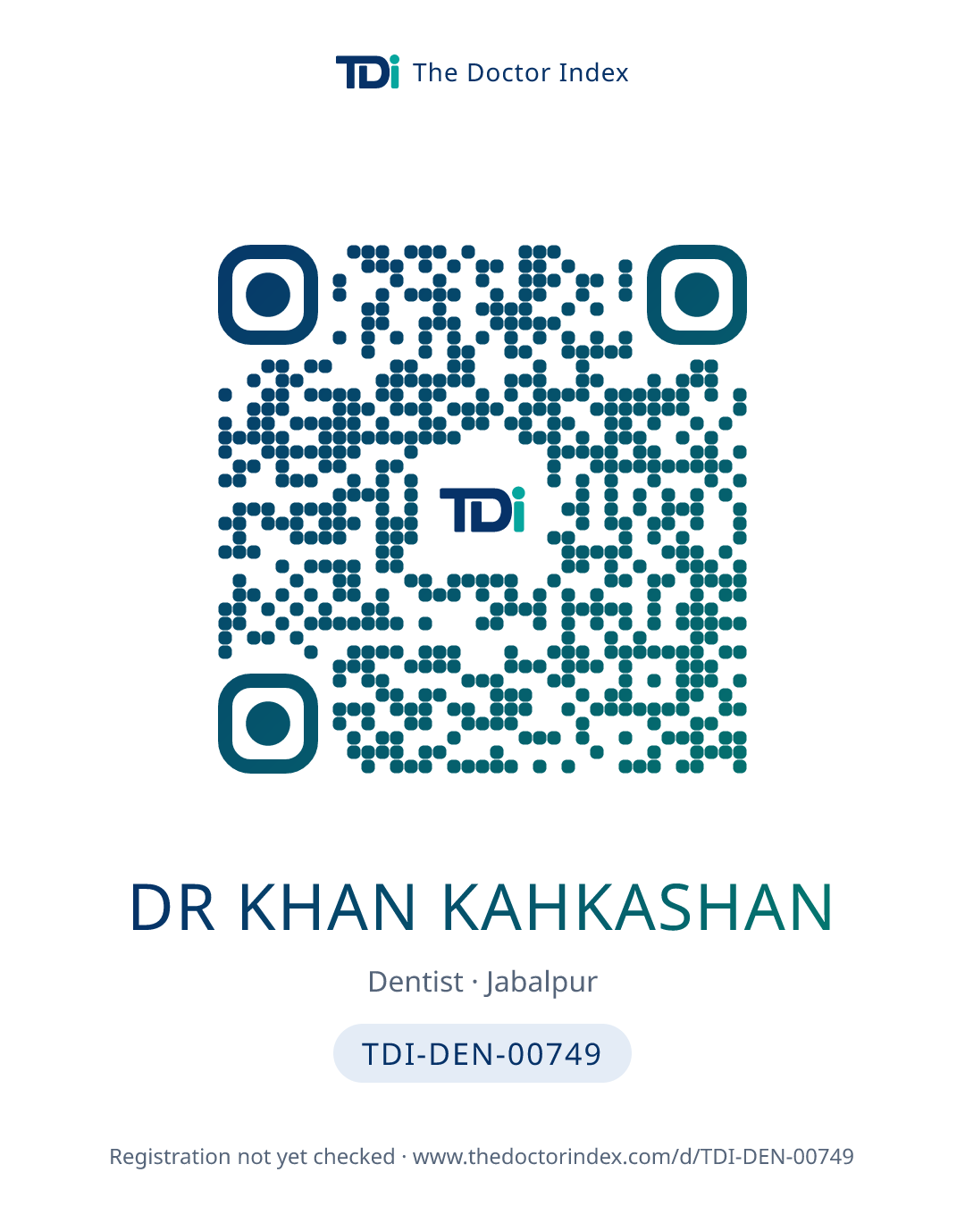 QR card for Dr Khan Kahkashan, TDI-DEN-00749