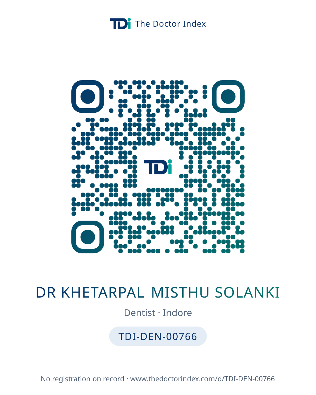QR card for Dr Khetarpal Misthu Solanki, TDI-DEN-00766
