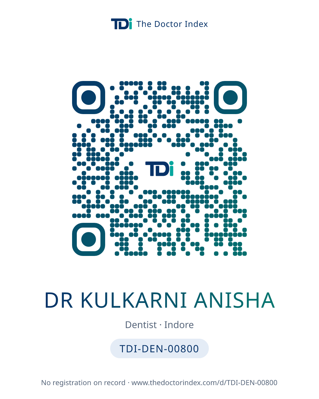 QR card for Dr Kulkarni Anisha, TDI-DEN-00800
