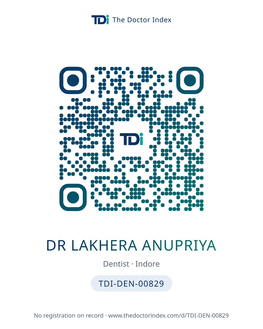 QR card for Dr Lakhera Anupriya, TDI-DEN-00829