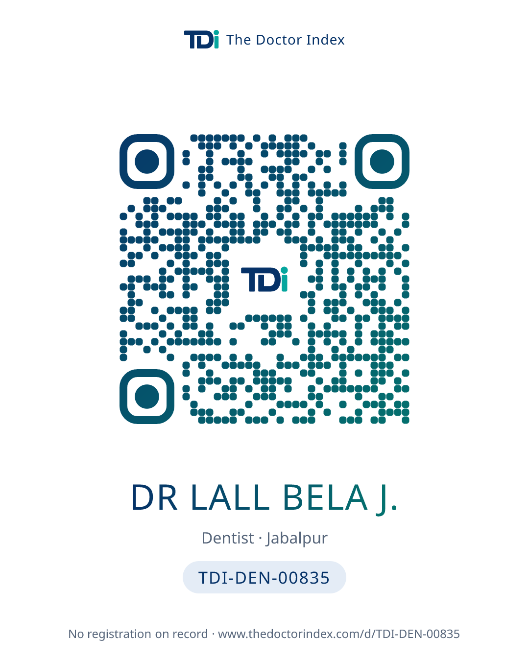 QR card for Dr Lall Bela J., TDI-DEN-00835