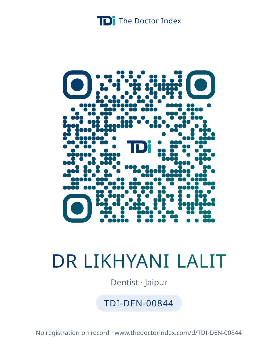 QR card for Dr Likhyani Lalit, TDI-DEN-00844