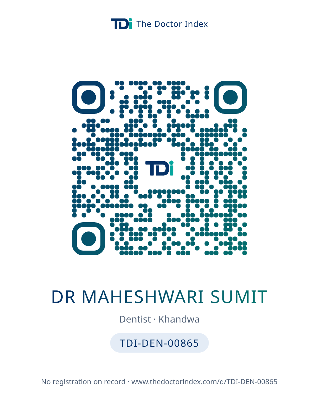QR card for Dr Maheshwari Sumit, TDI-DEN-00865