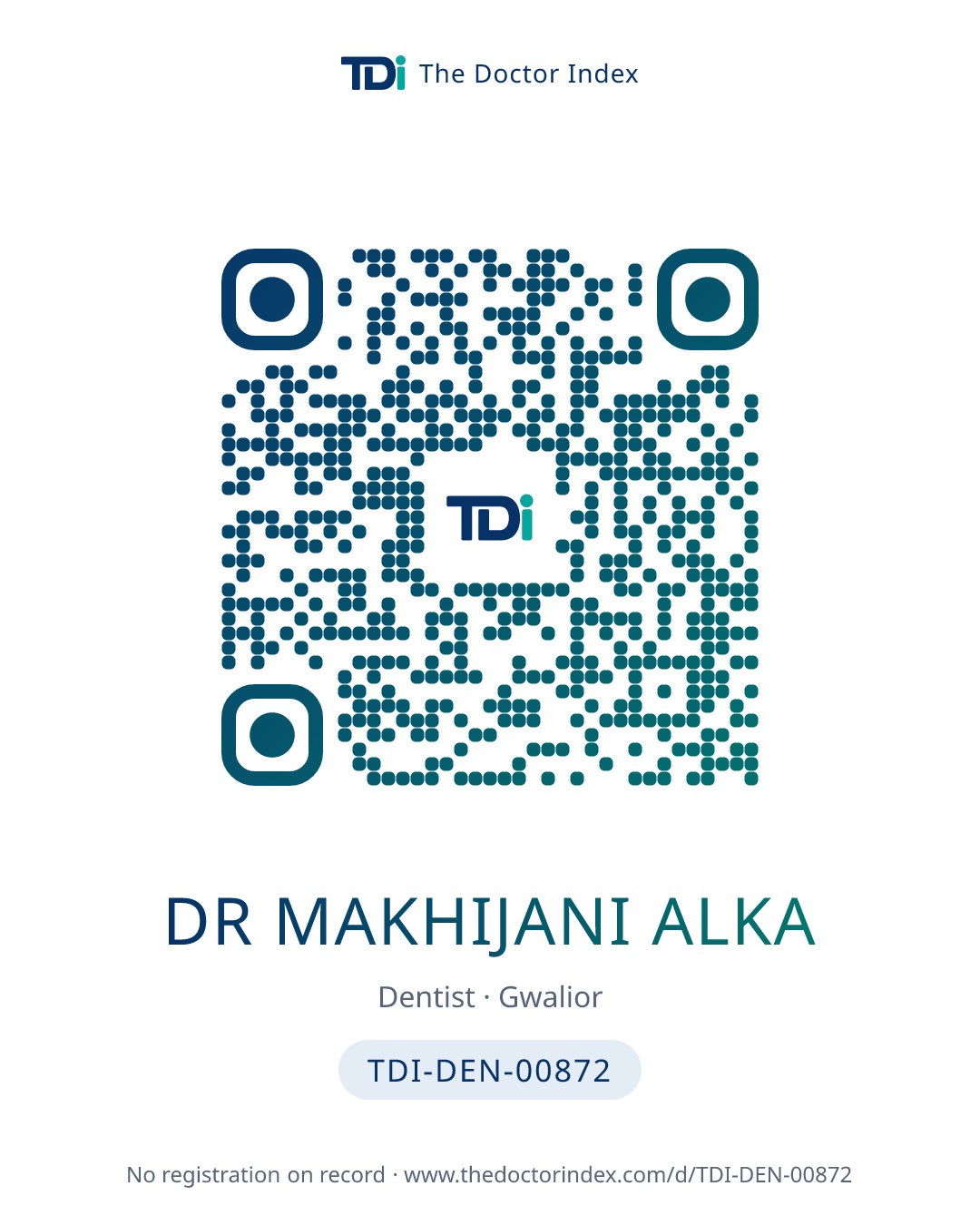 QR card for Dr Makhijani Alka, TDI-DEN-00872