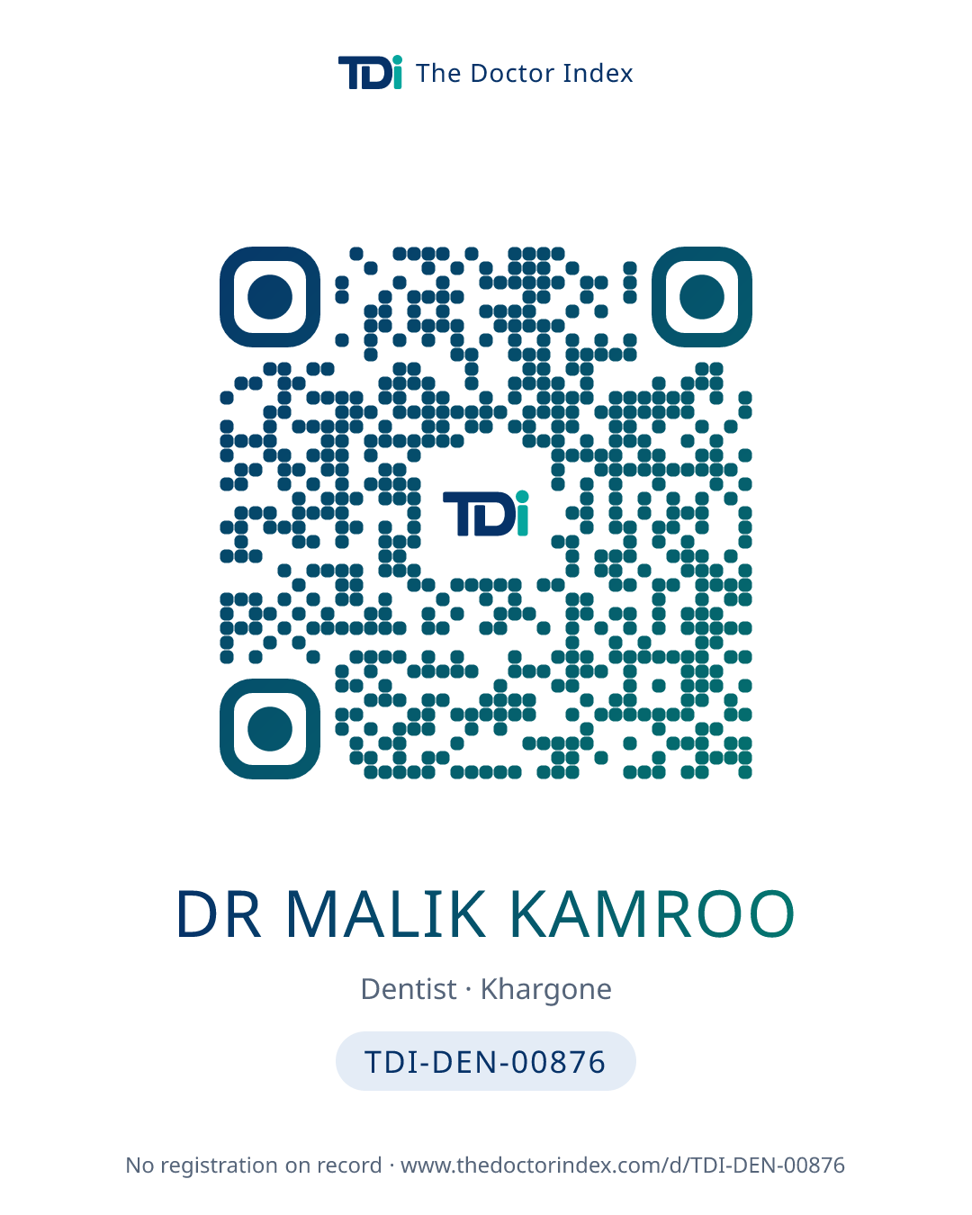 QR card for Dr Malik Kamroo, TDI-DEN-00876