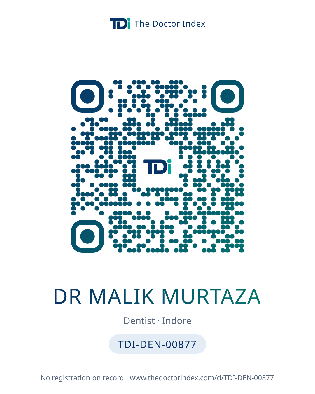 QR card for Dr Malik Murtaza, TDI-DEN-00877