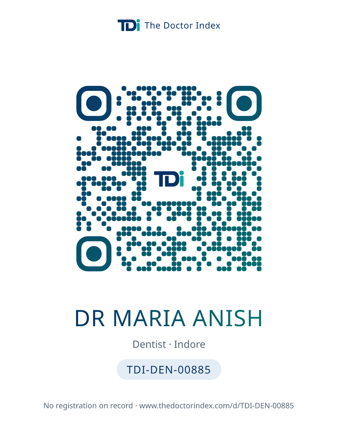 QR card for Dr Maria Anish, TDI-DEN-00885