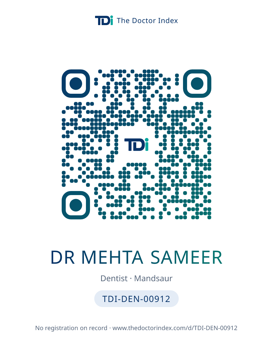 QR card for Dr Mehta Sameer, TDI-DEN-00912