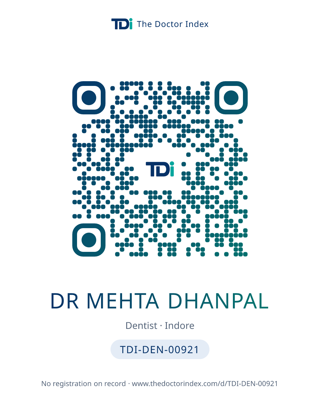 QR card for Dr Mehta Dhanpal, TDI-DEN-00921