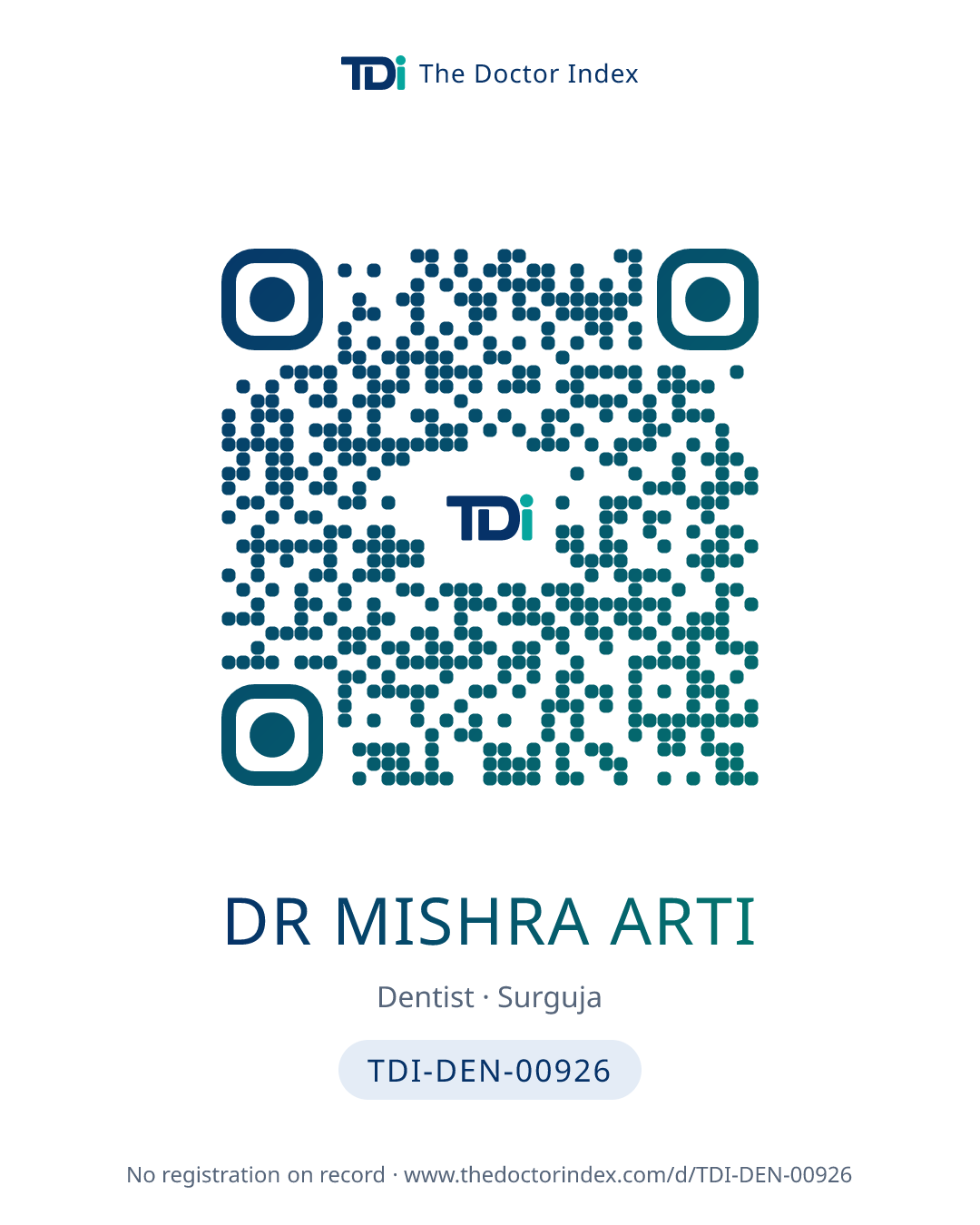 QR card for Dr Mishra Arti, TDI-DEN-00926