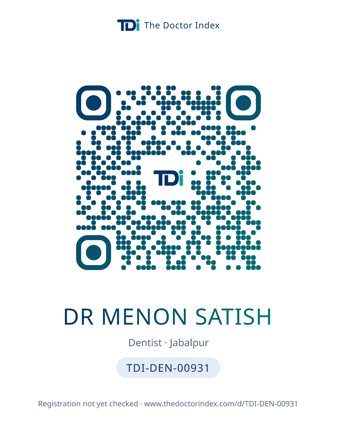 QR card for Dr Menon Satish, TDI-DEN-00931