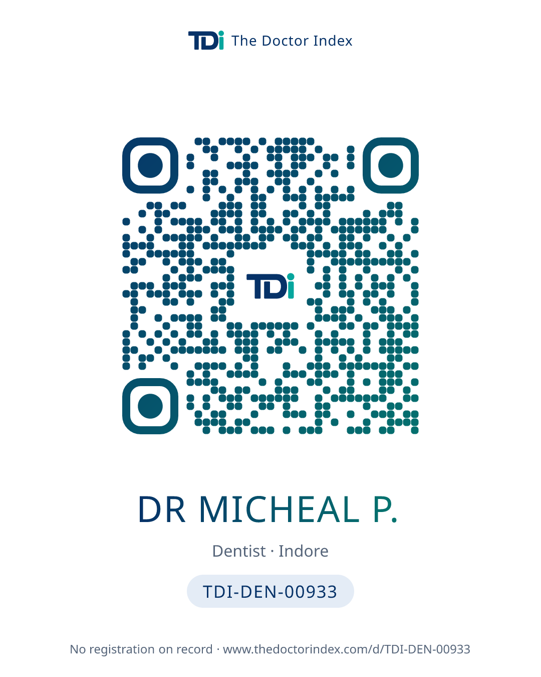 QR card for Dr Micheal P., TDI-DEN-00933