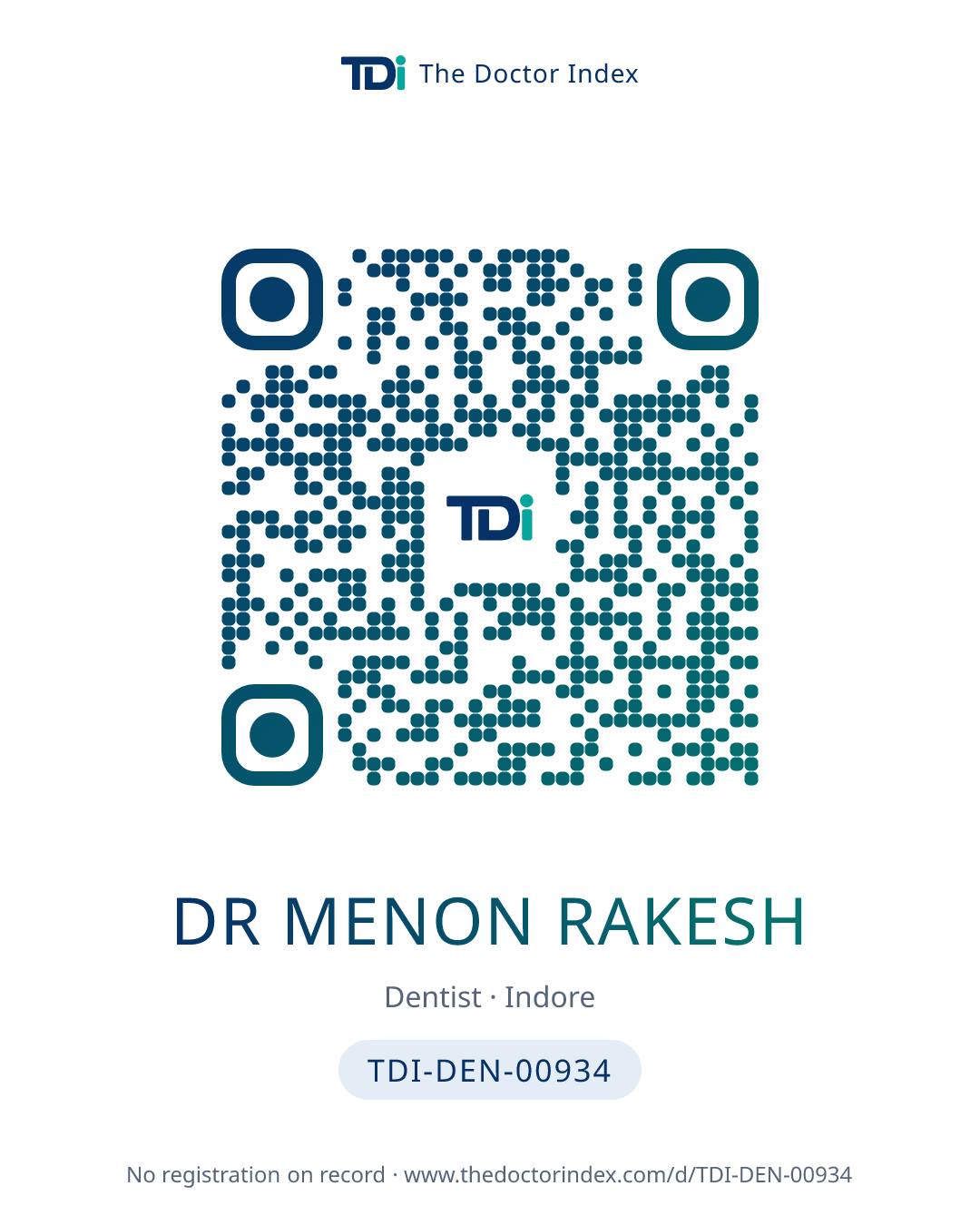 QR card for Dr Menon Rakesh, TDI-DEN-00934