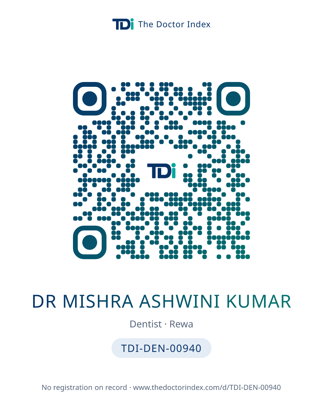 QR card for Dr Mishra Ashwini Kumar, TDI-DEN-00940