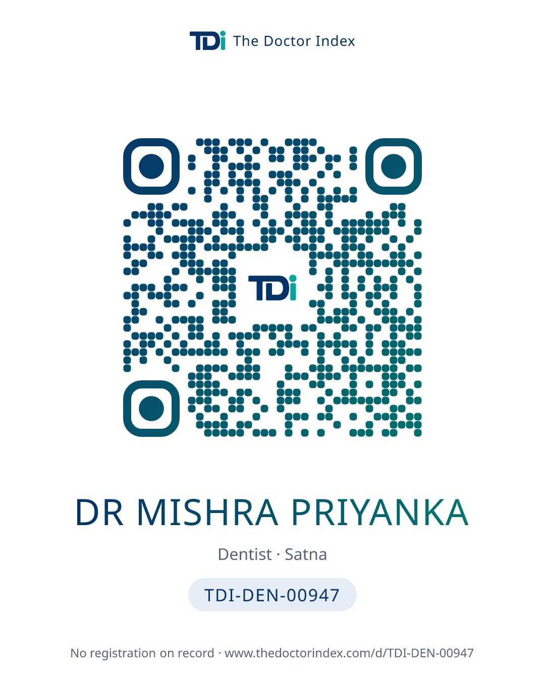QR card for Dr Mishra Priyanka, TDI-DEN-00947