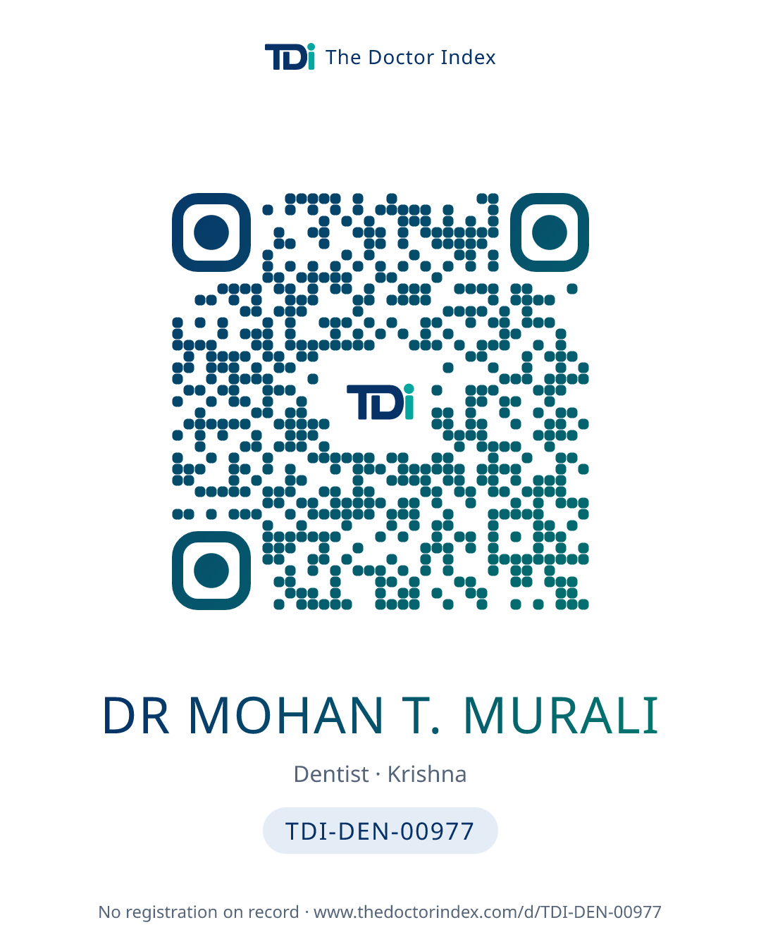 QR card for Dr Mohan T. Murali, TDI-DEN-00977