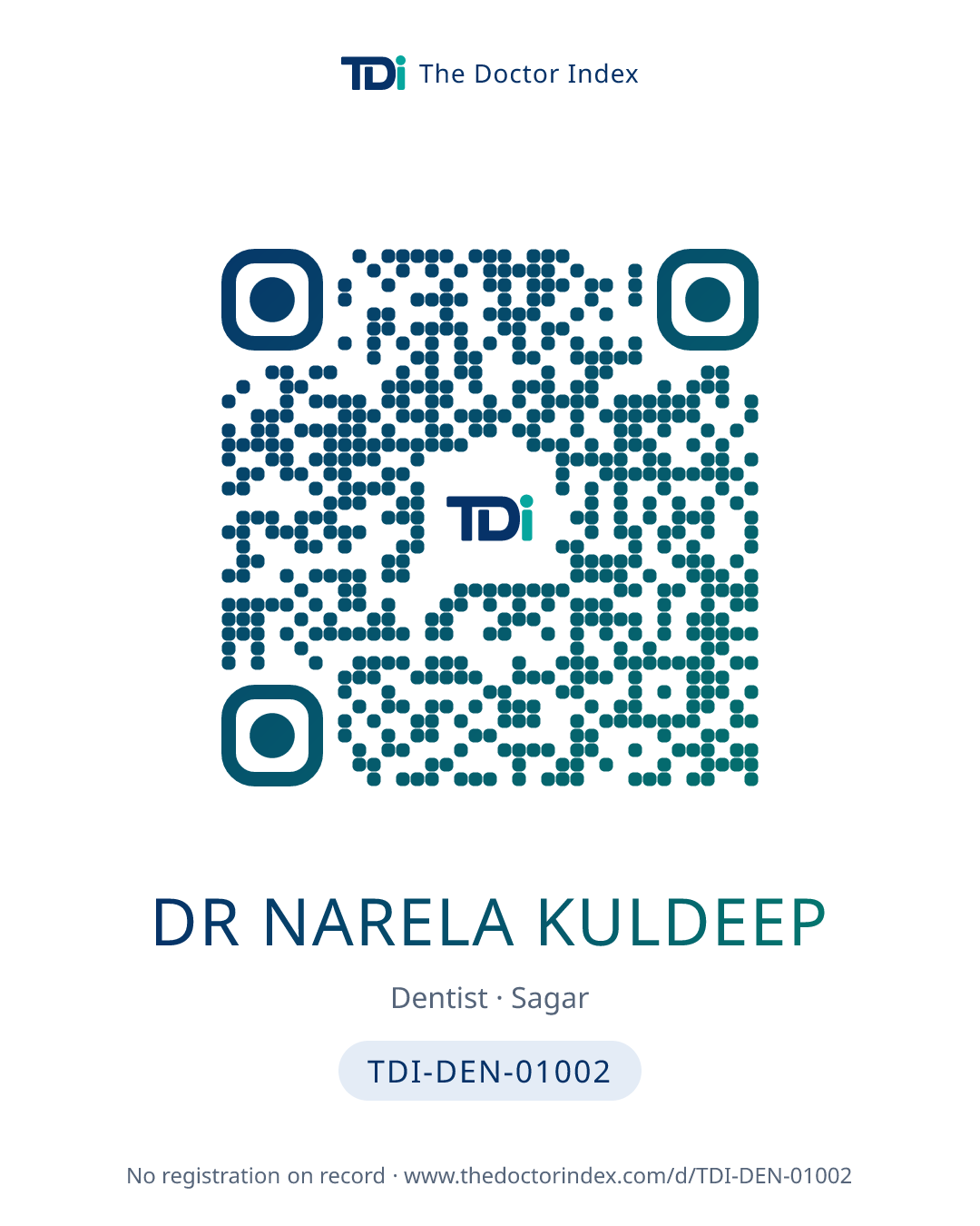 QR card for Dr Narela Kuldeep, TDI-DEN-01002