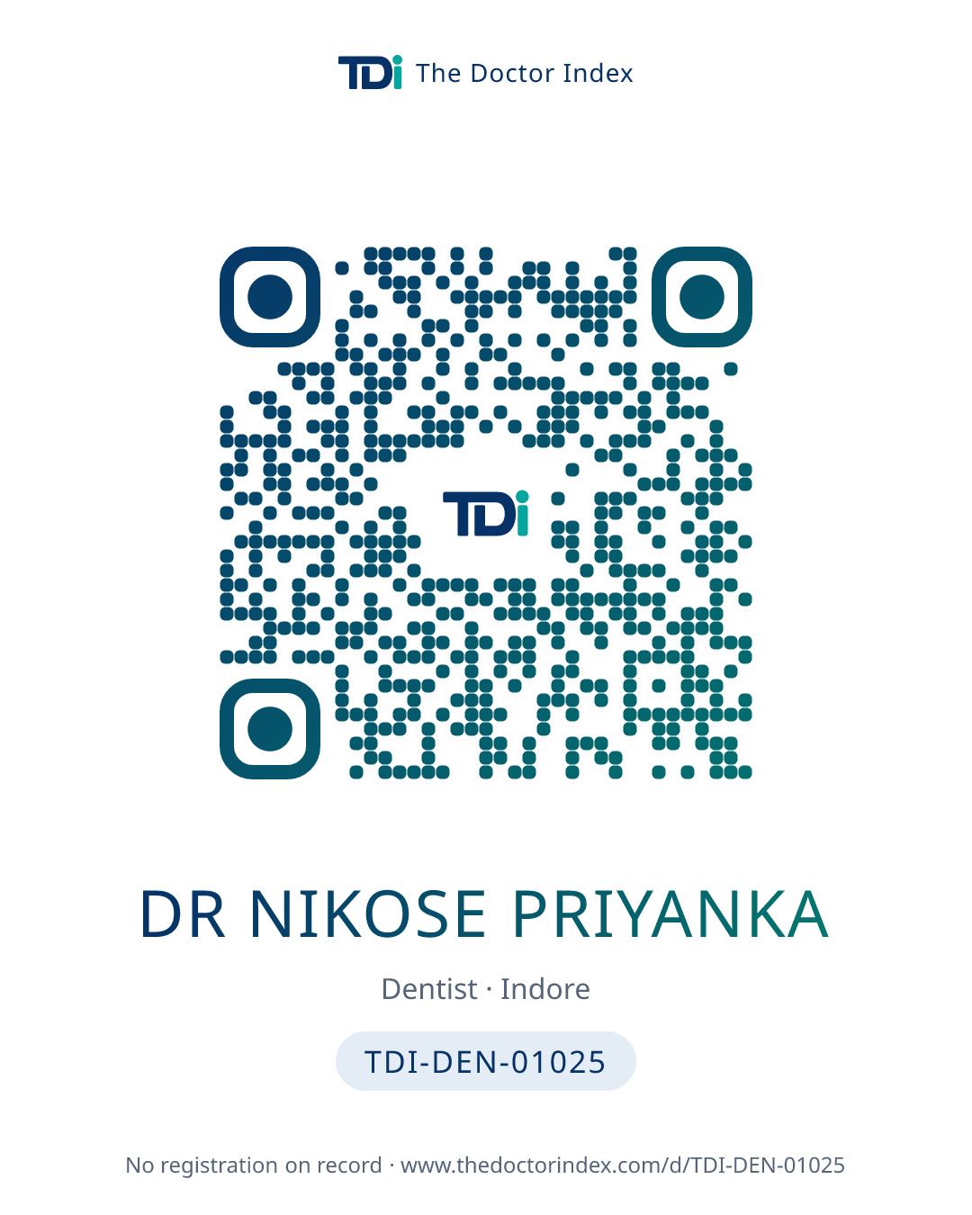 QR card for Dr Nikose Priyanka, TDI-DEN-01025