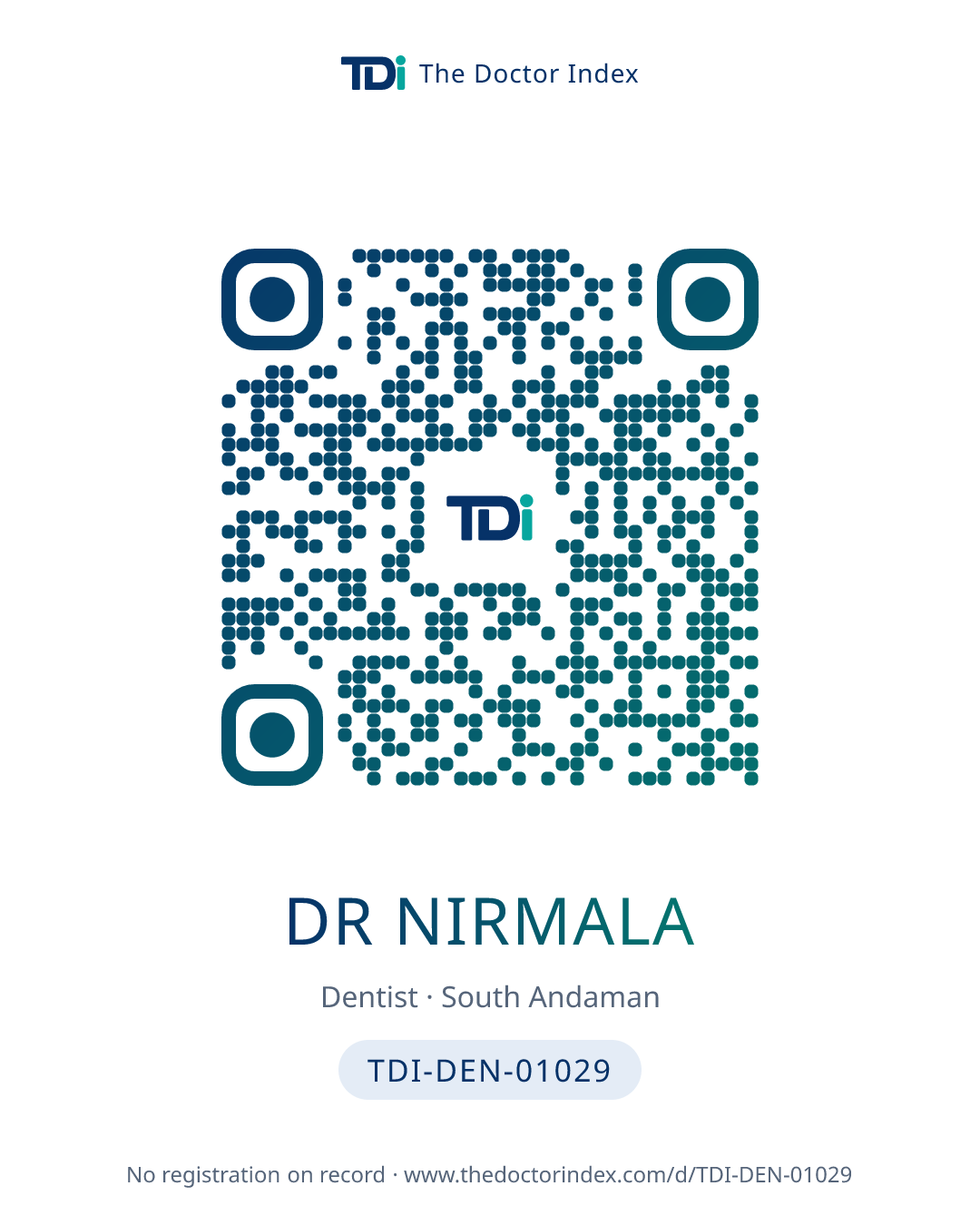 QR card for Dr Nirmala, TDI-DEN-01029