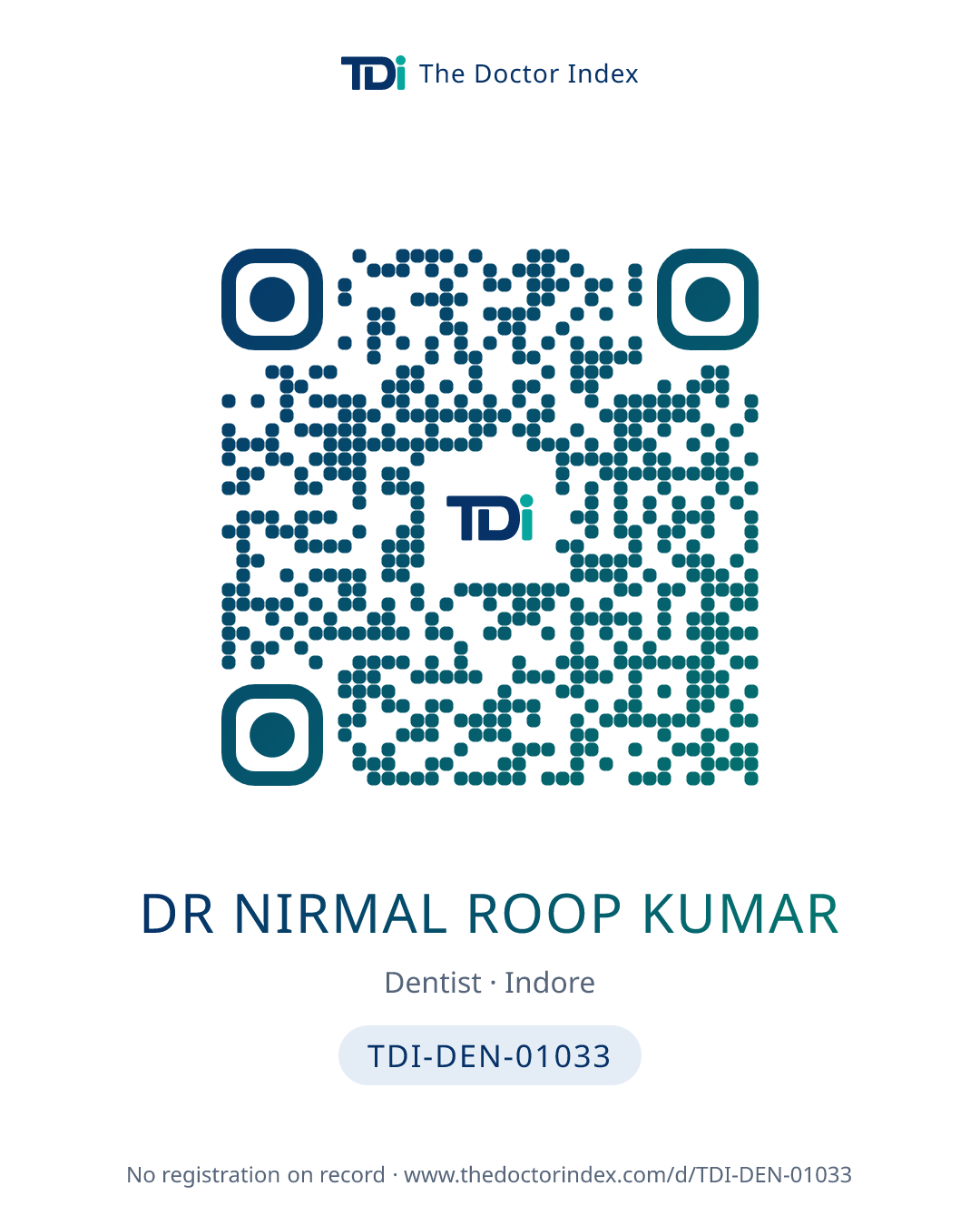 QR card for Dr Nirmal Roop Kumar, TDI-DEN-01033