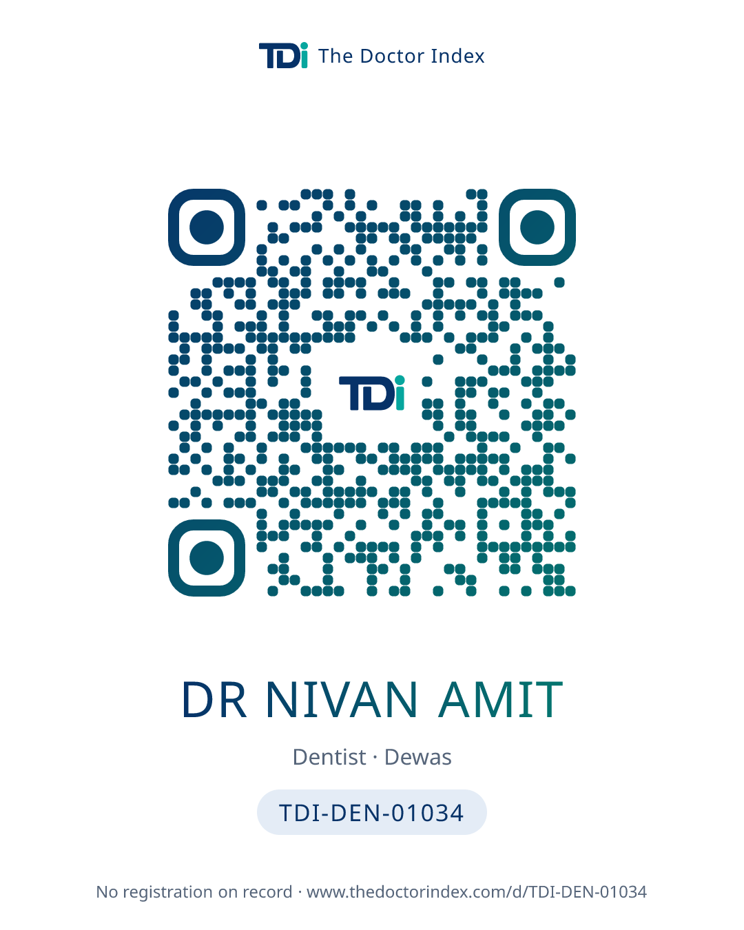 QR card for Dr Nivan Amit, TDI-DEN-01034