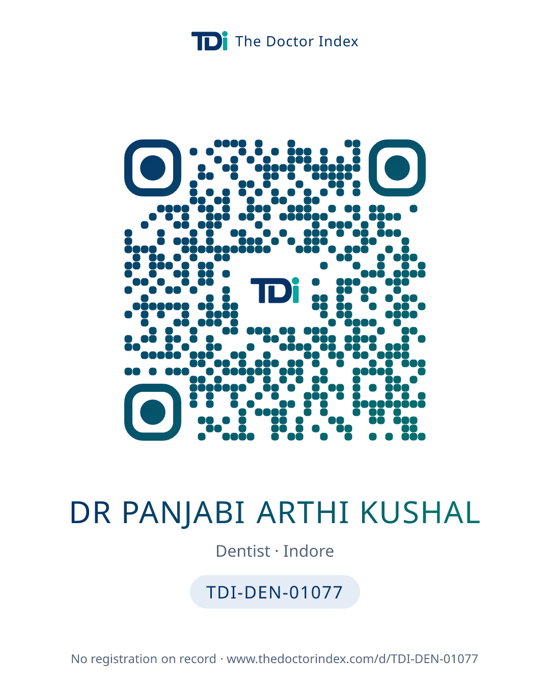 QR card for Dr Panjabi Arthi Kushal, TDI-DEN-01077