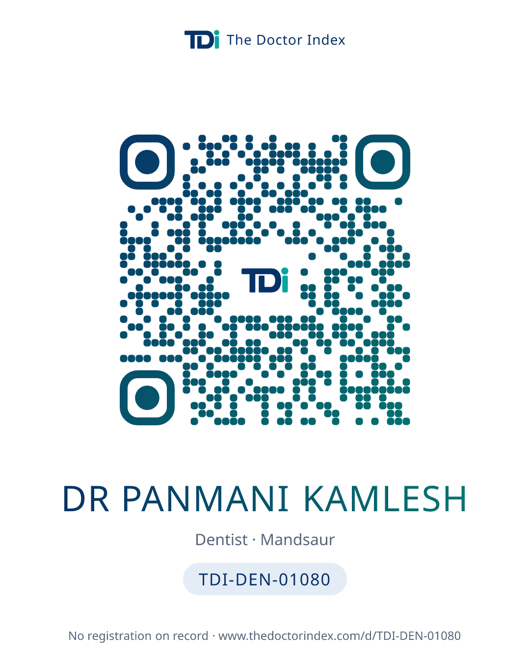 QR card for Dr Panmani Kamlesh, TDI-DEN-01080