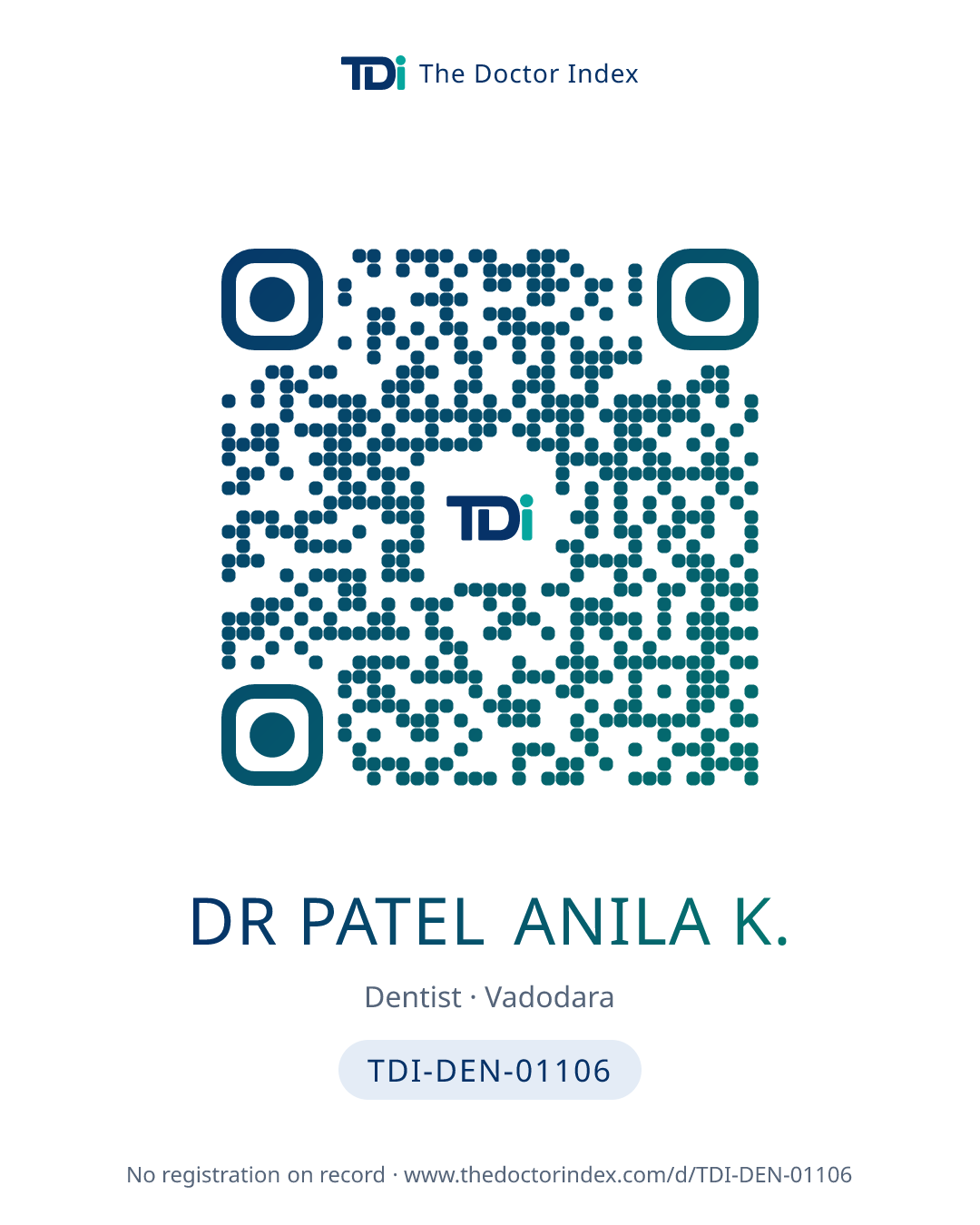 QR card for Dr Patel Anila K., TDI-DEN-01106