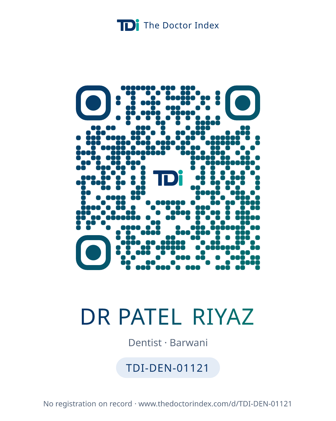 QR card for Dr Patel Riyaz, TDI-DEN-01121
