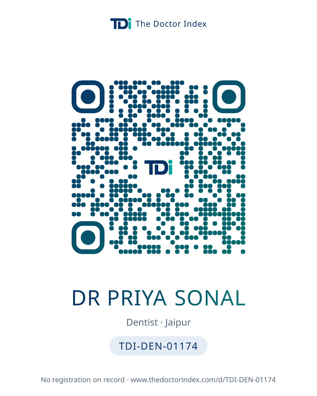 QR card for Dr Priya Sonal, TDI-DEN-01174