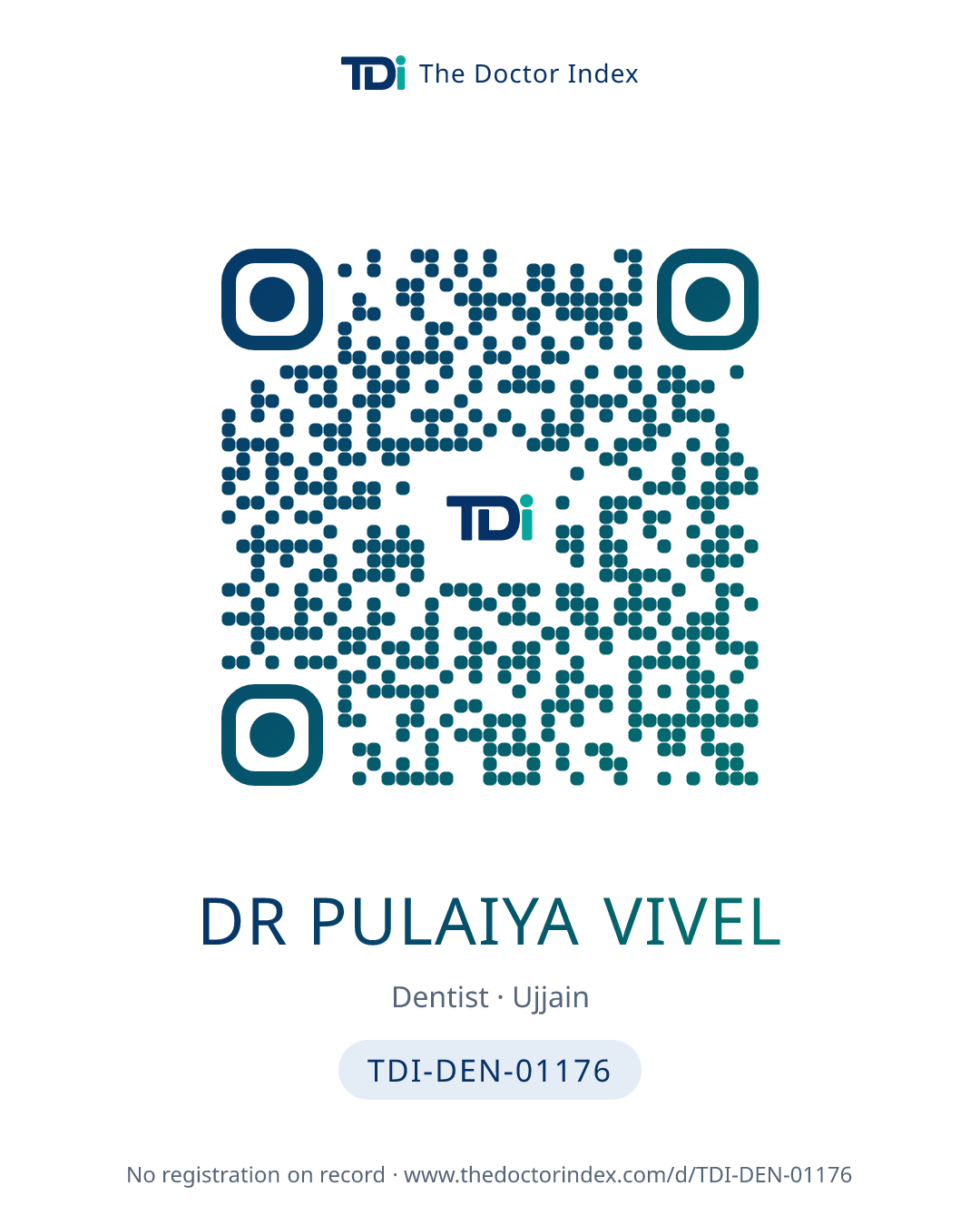 QR card for Dr Pulaiya Vivel, TDI-DEN-01176