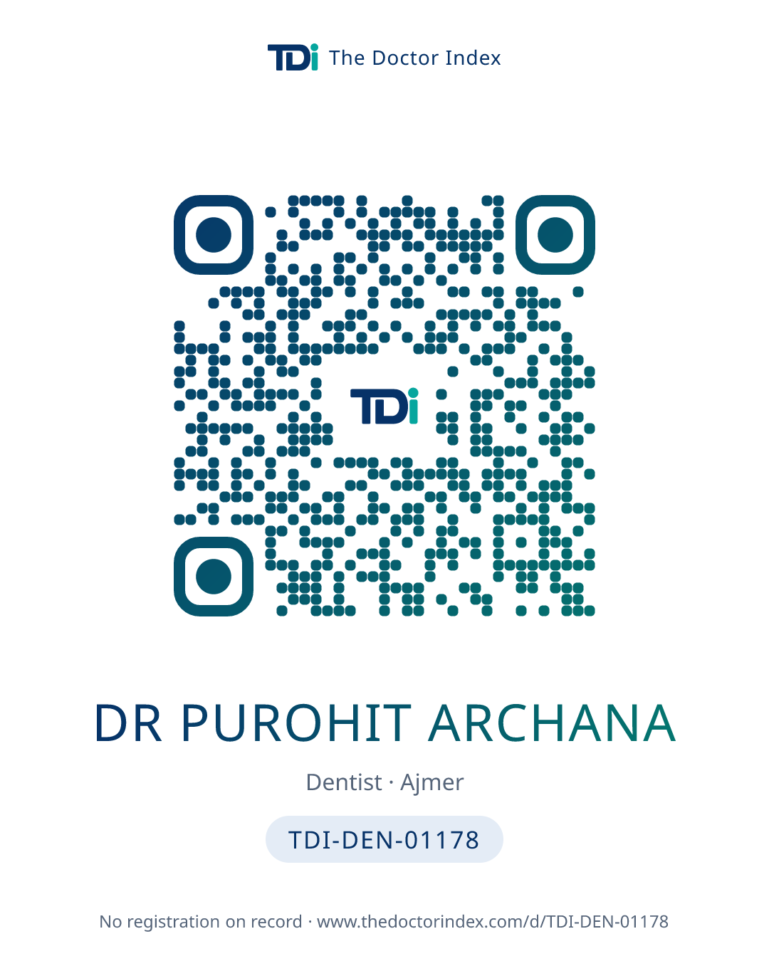 QR card for Dr Purohit Archana, TDI-DEN-01178