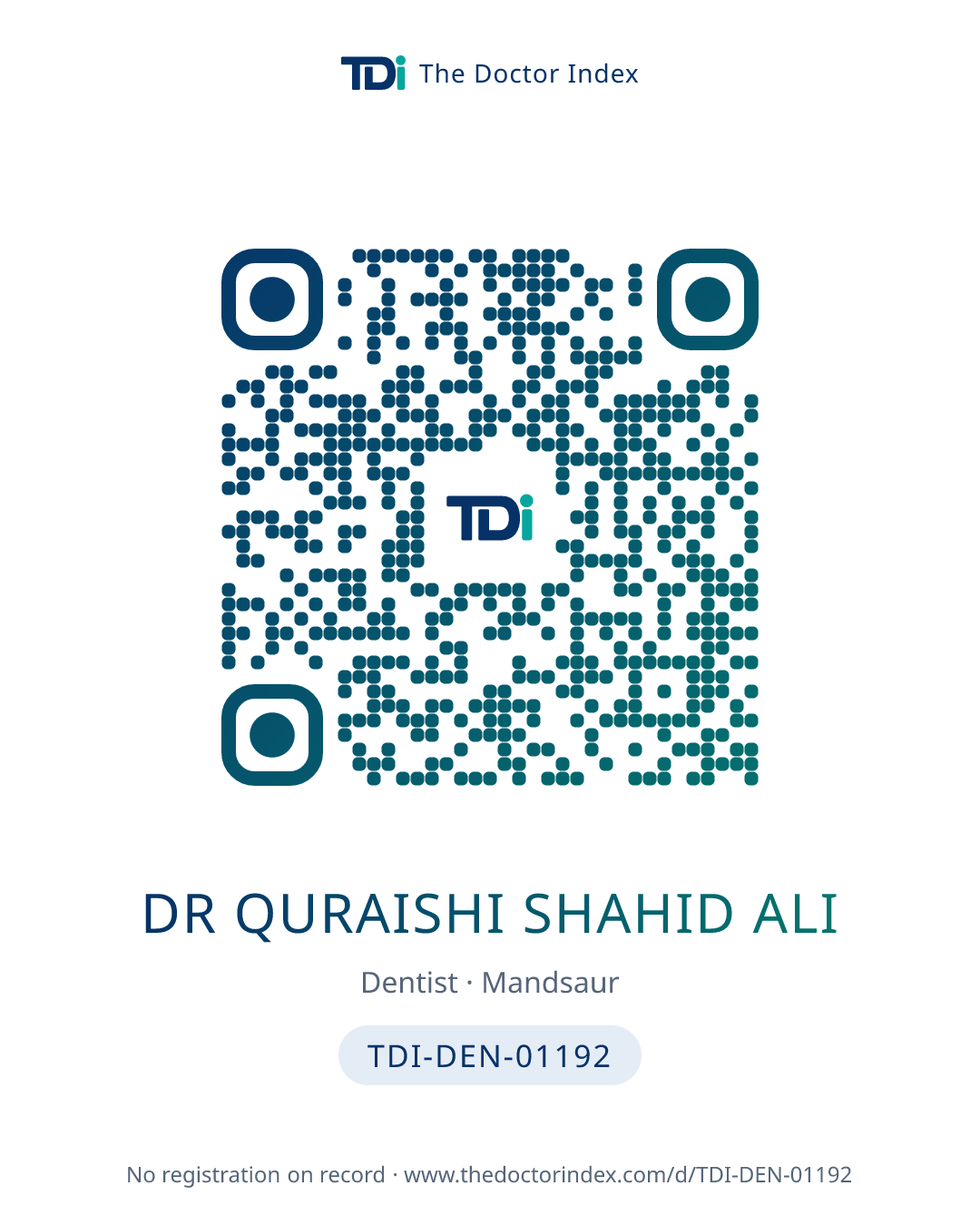 QR card for Dr Quraishi Shahid Ali, TDI-DEN-01192