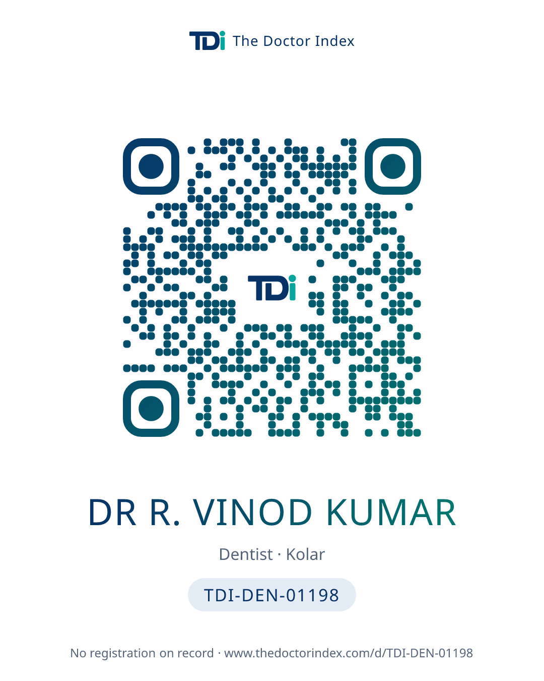 QR card for Dr R. Vinod Kumar, TDI-DEN-01198