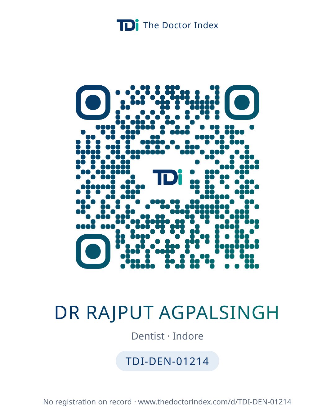 QR card for Dr Rajput Agpalsingh, TDI-DEN-01214
