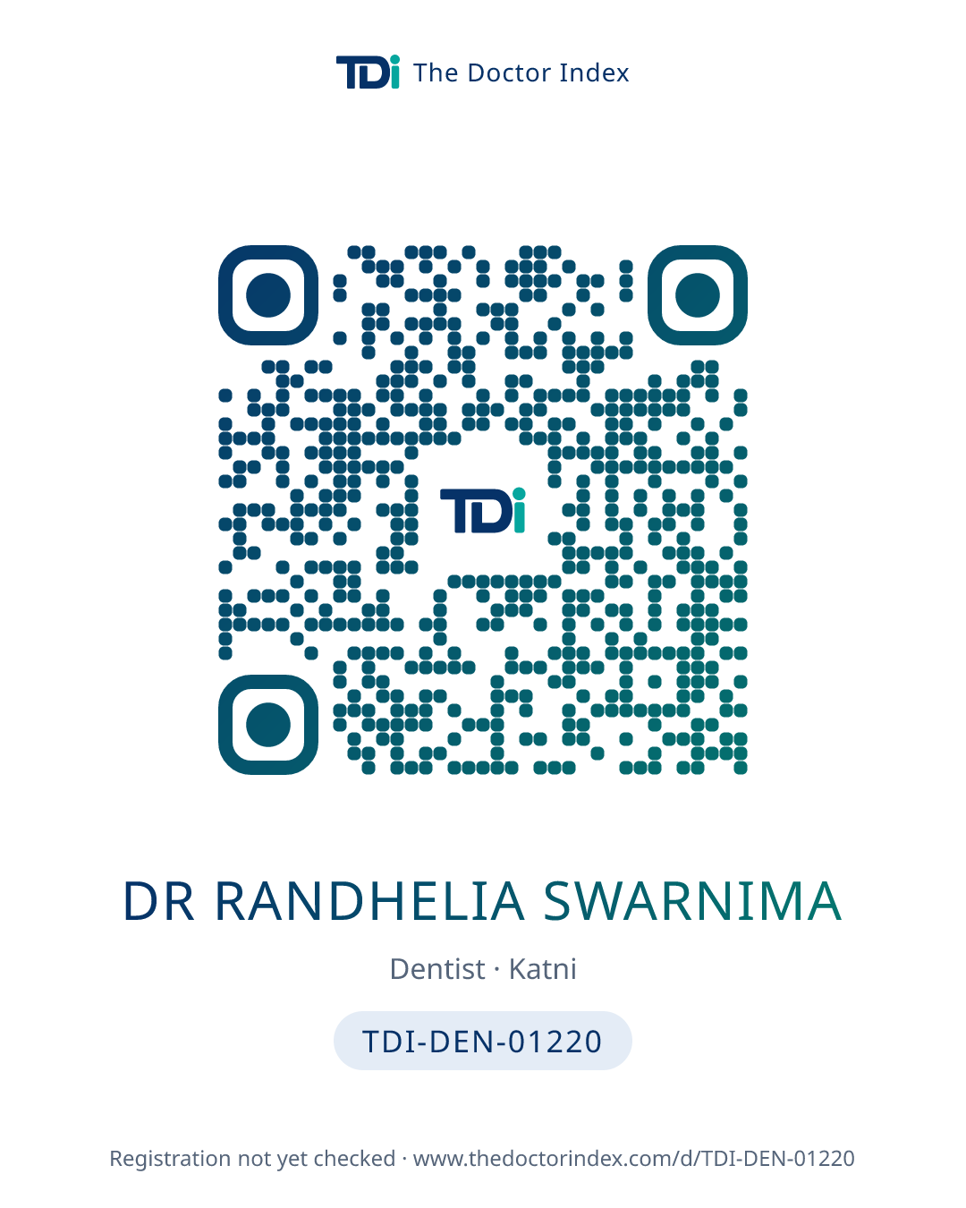 QR card for Dr Randhelia Swarnima, TDI-DEN-01220