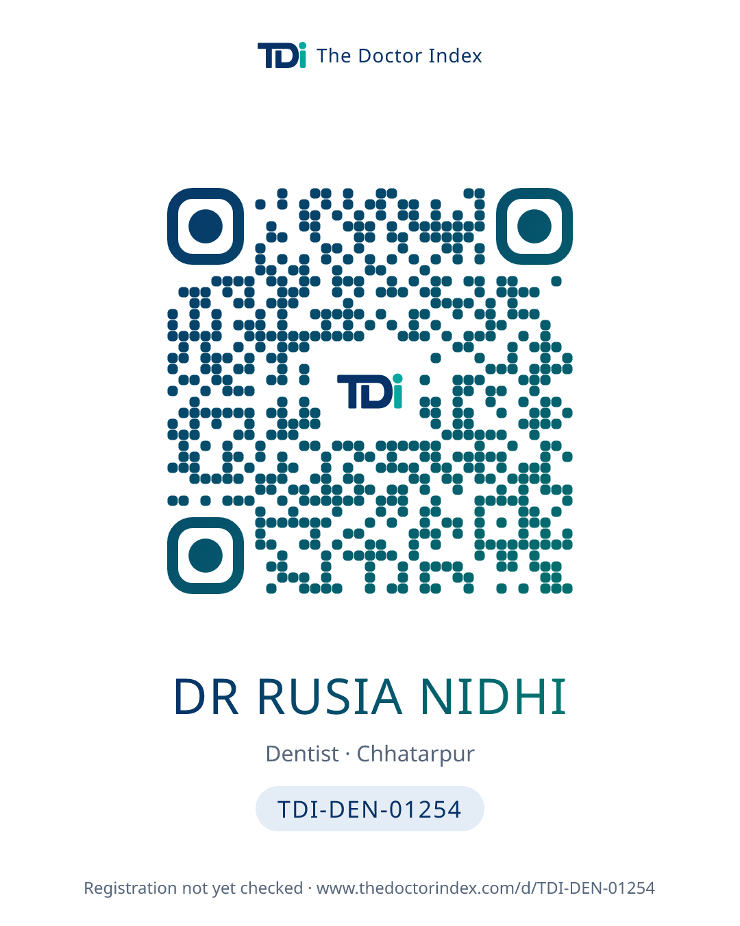 QR card for Dr Rusia Nidhi, TDI-DEN-01254