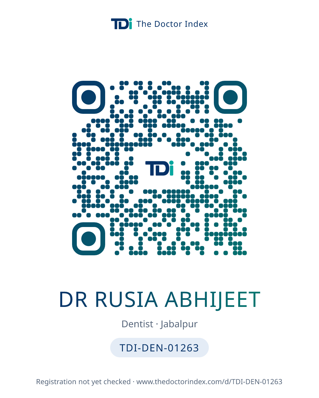 QR card for Dr Rusia Abhijeet, TDI-DEN-01263
