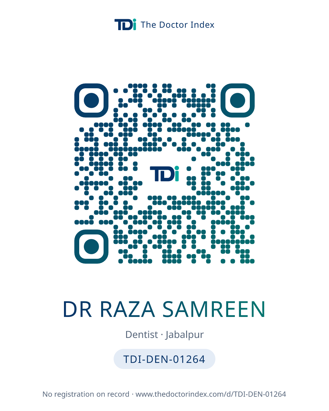 QR card for Dr Raza Samreen, TDI-DEN-01264