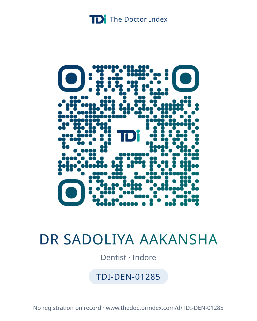 QR card for Dr Sadoliya Aakansha, TDI-DEN-01285